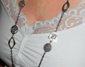 Long silver necklace, Asymmetrical long silver single strand necklace, boho chic metal jewelry