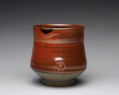 handmade pottery teacup, stoneware cup with iron red and green celadon glazes