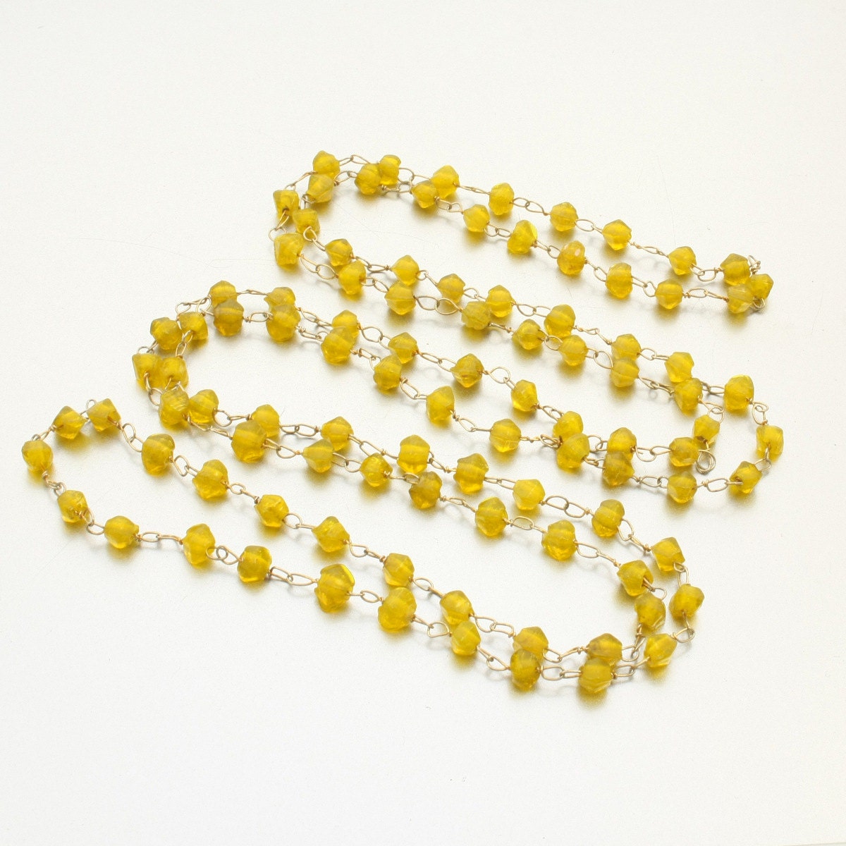 Art Deco Flapper Necklace, Rosary Style Wired Beaded Necklace, Rough Cut Lemon Yellow Glass Beads, 40" Long