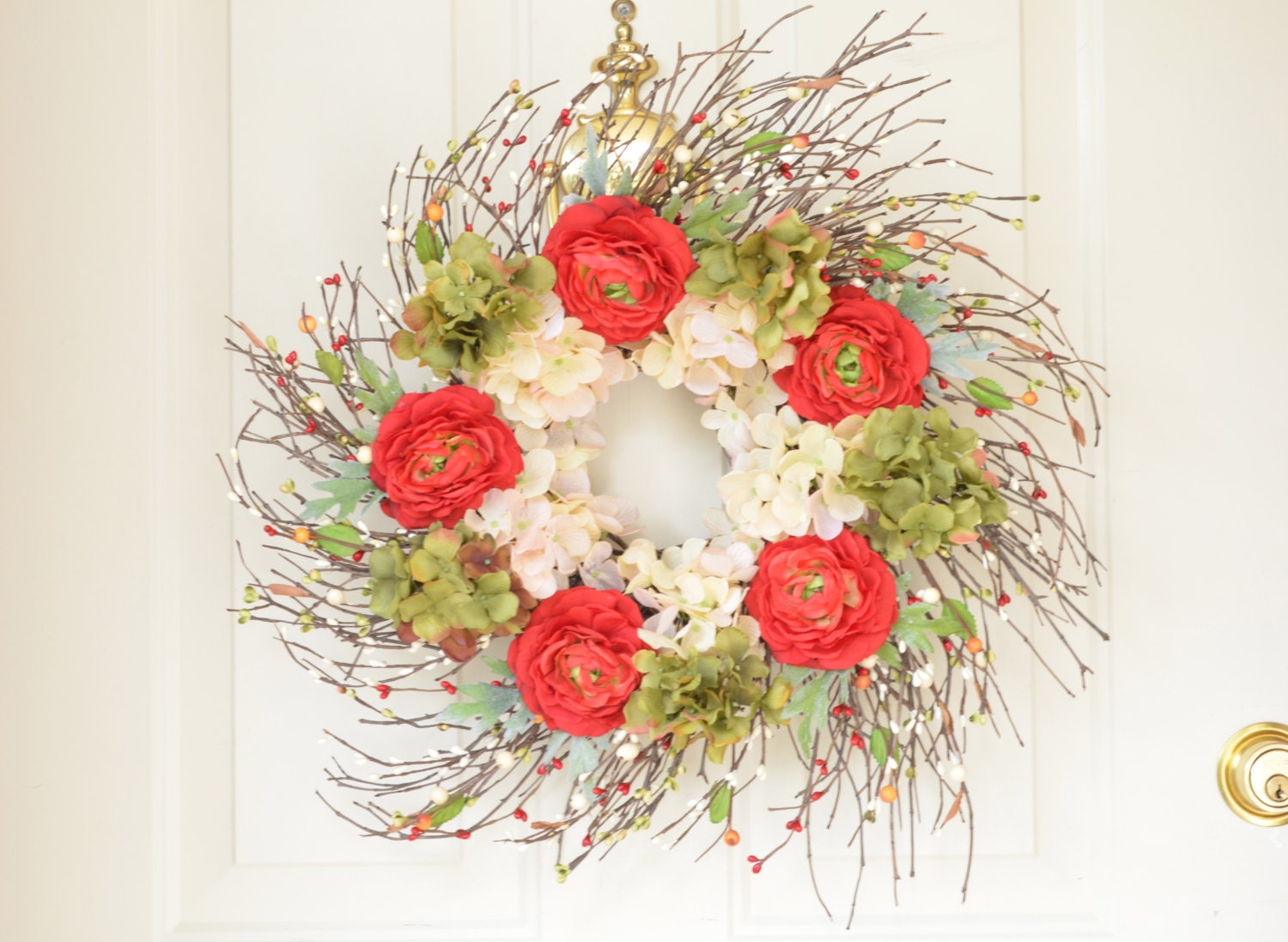 Red Summer Wreath - Bright Red Ranunculus - Front Door Decoration