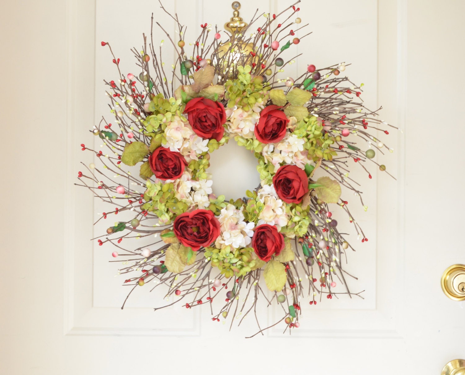 Red Rose Summer wreath - Red silk cabbage roses - Front door decor