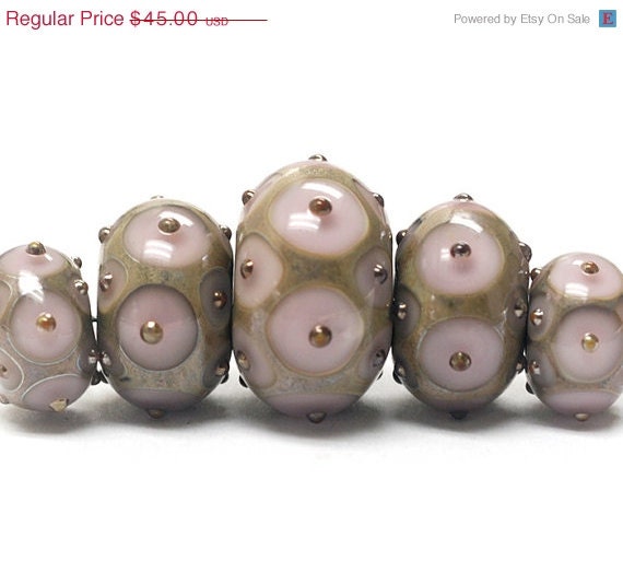 ON SALE 50% OFF Five Lavender Pink w/Metal Dots Graduated Rondelle Beads - Handmade Glass Lampwork Beads - 10602811