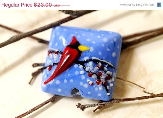 ON SALE 40% OFF Winter Red Cardinal Pillow Focal Bead - Handmade Glass Lampwork Beads - 11833204