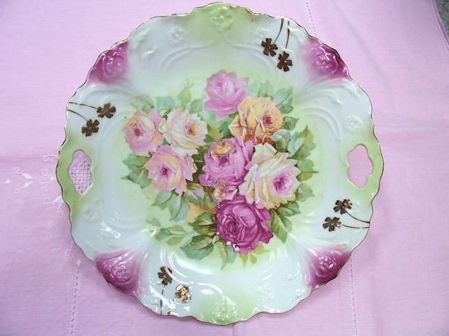Vintage Porcelain Roses Cake Plate Transfer