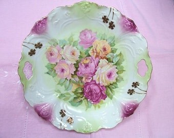 Vintage Porcelain Roses Cake Plate Transfer