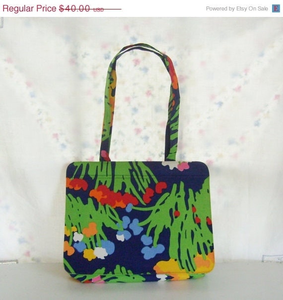 Memorial Day Sale Vintage Margaret Smith handbag purse floral vibrant colors on blue background fabric