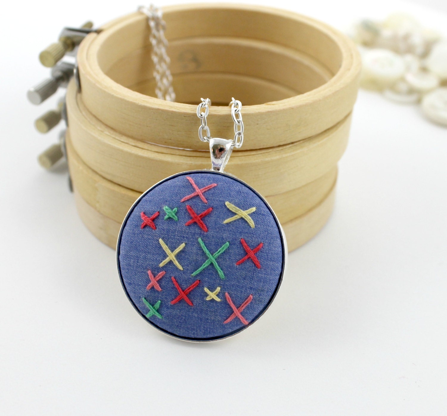 Embroidered Necklace Stitched Cross Stitch Blue Pink Yellow Red Green Pendant Summer