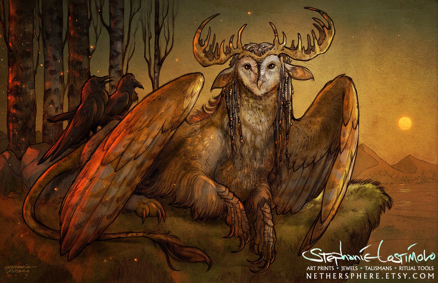Tytogryph - Owl Stag Gryphon Griffin Fantasy Creature 11x17 Print