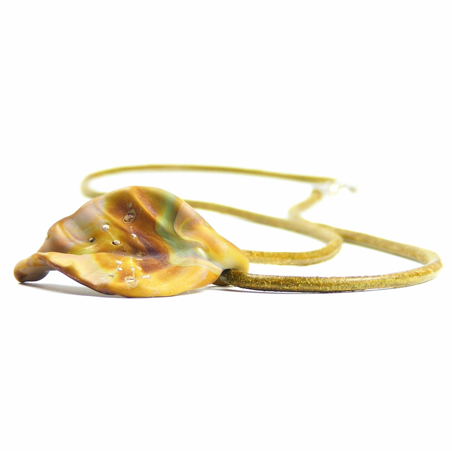 Handcrafted Leaf Pendant, Lampwork Glass Leaf on Leather Thong Necklace with Sterling Silver Clasp