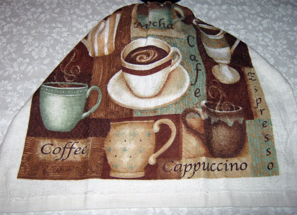 Crochet hanging Towel, coffee cups, with Dk Brown top