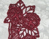 Machine Lace Bookmark, Dark Mauve Pansy, measures 5" x 1 1/2"