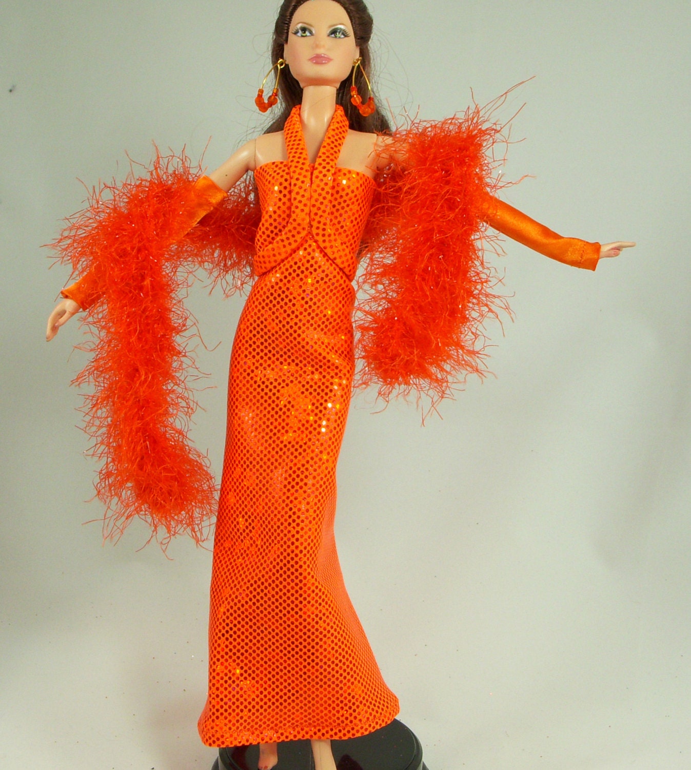 OOAK Orange Barbie Evening Dress with matching Shawl and Earrings