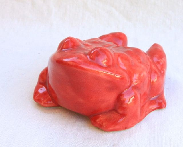 Frog Bullfrog Toad Garden Sculpture Stoneware with Red Glaze