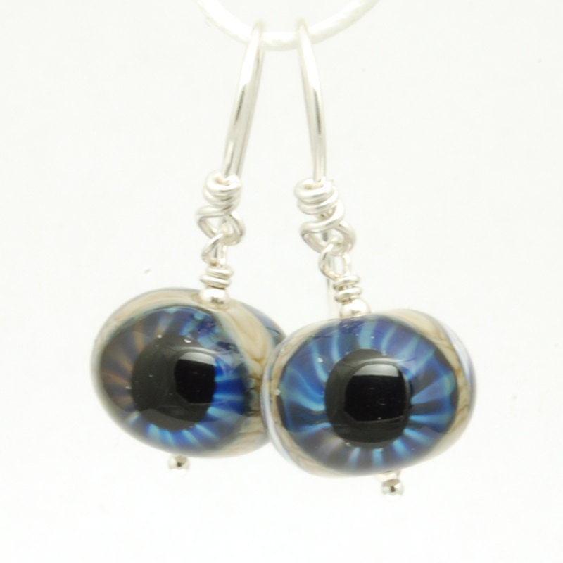Blue Glass Eyeball Earrings, Handmade Lampwork Glass Beads, Sterling Silver Wire Wrapped French Hooks - SRA