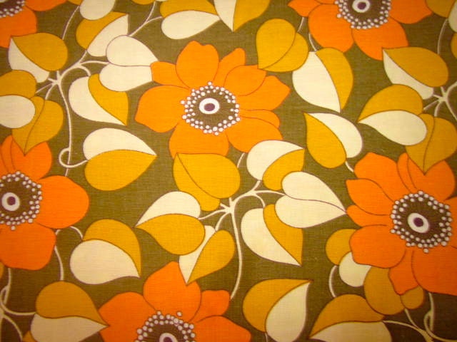 Vintage 1970s Orange Flower Print Fabric