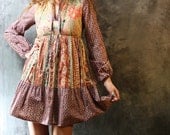 Vintage 1970s Muted Earthy Colors Hippie Peasant baby Doll Dress Ruffle Hem
