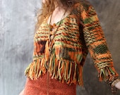 Vintage 1970s Hippie Fringed Crop Knit Dress Sweater Top Jacket Cute Buttons