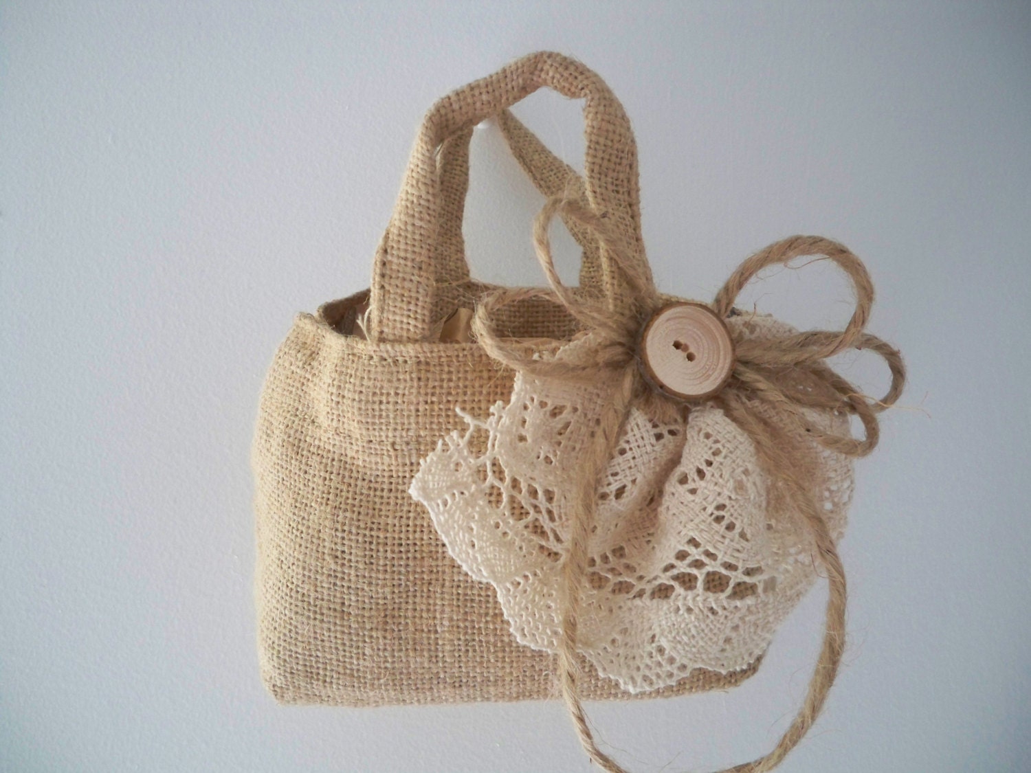 Rustic Country Woodland Burlap Lace Wood Farm Wedding Flowergirl Basket for Fall Summertime Wedding