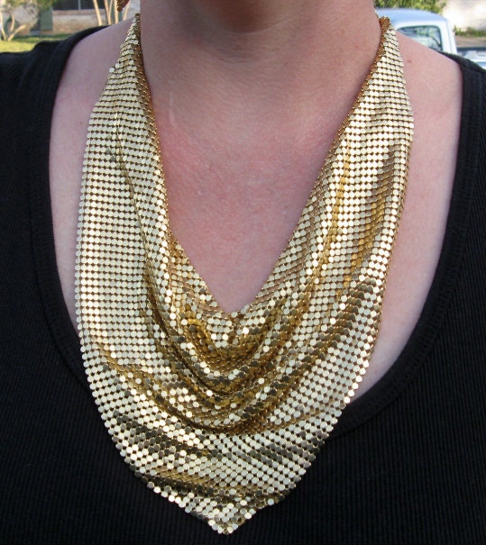 Golden Mesh Bib Necklace and Clip on Earring Set