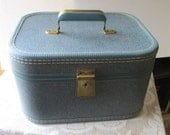 Makeup Train Case Blue Holiday Luggage Tweed Seagrass Vintage Travel Vanity Suitcase