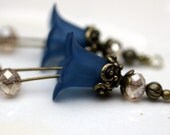 2 Piece Frosted Prussian Blue Lucite Flower with Ornate Brass Bead Drop Dangle Set