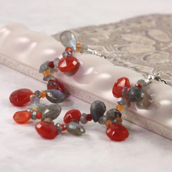Chalcedony Bracelet Labradorite Gray Gemstone Pomegranate Carnelian Sterling Toggle Clasp