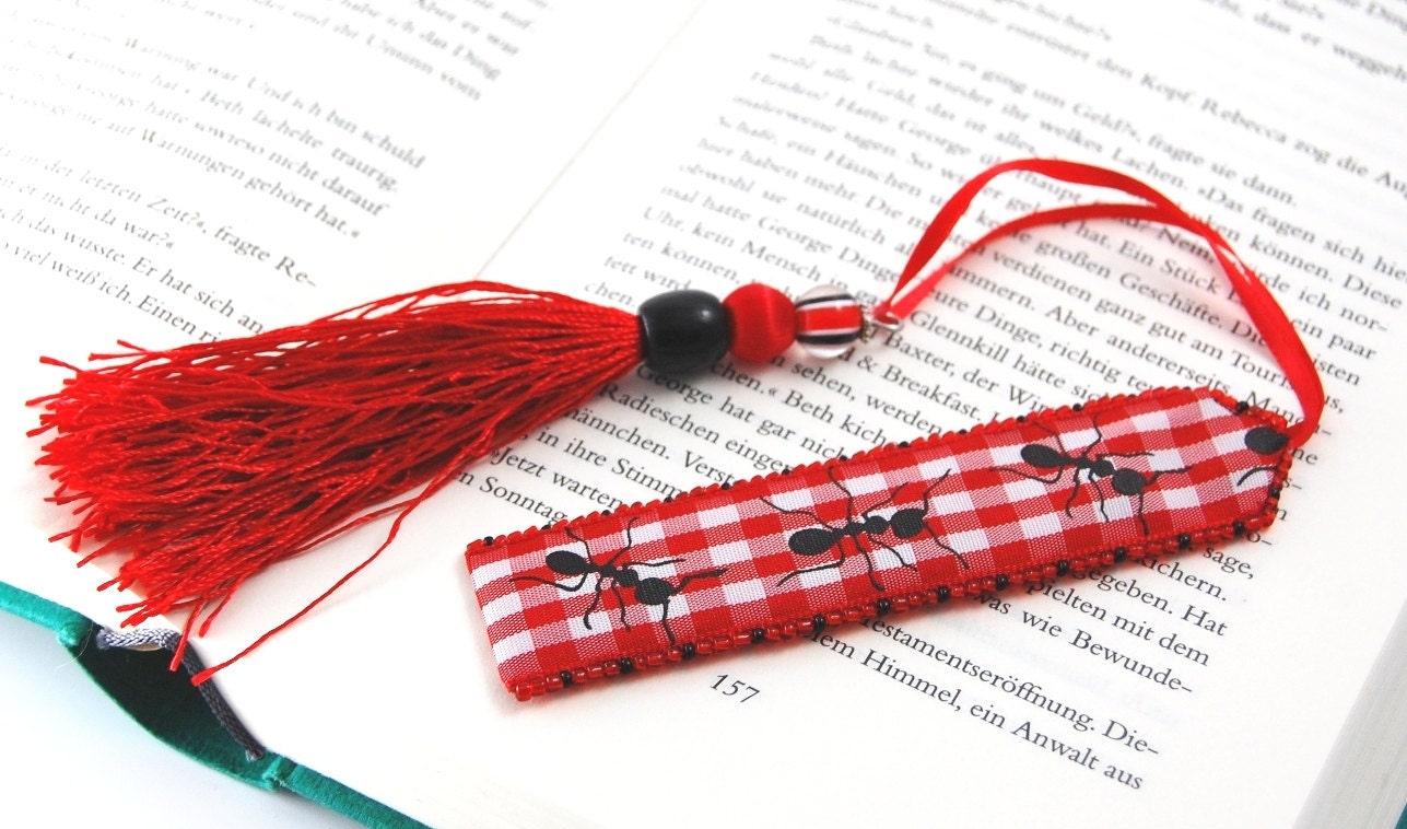 Fabric Bookmark 'Adam Ant' with tassel and vintage satin bead