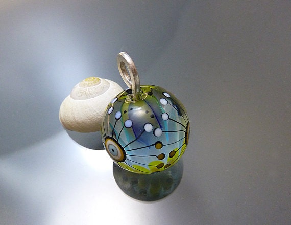 Melanie Moertel Lampwork Beads - Handmade glass focal pendant in blue and yellow and sterling silver - "Blue Lotus"