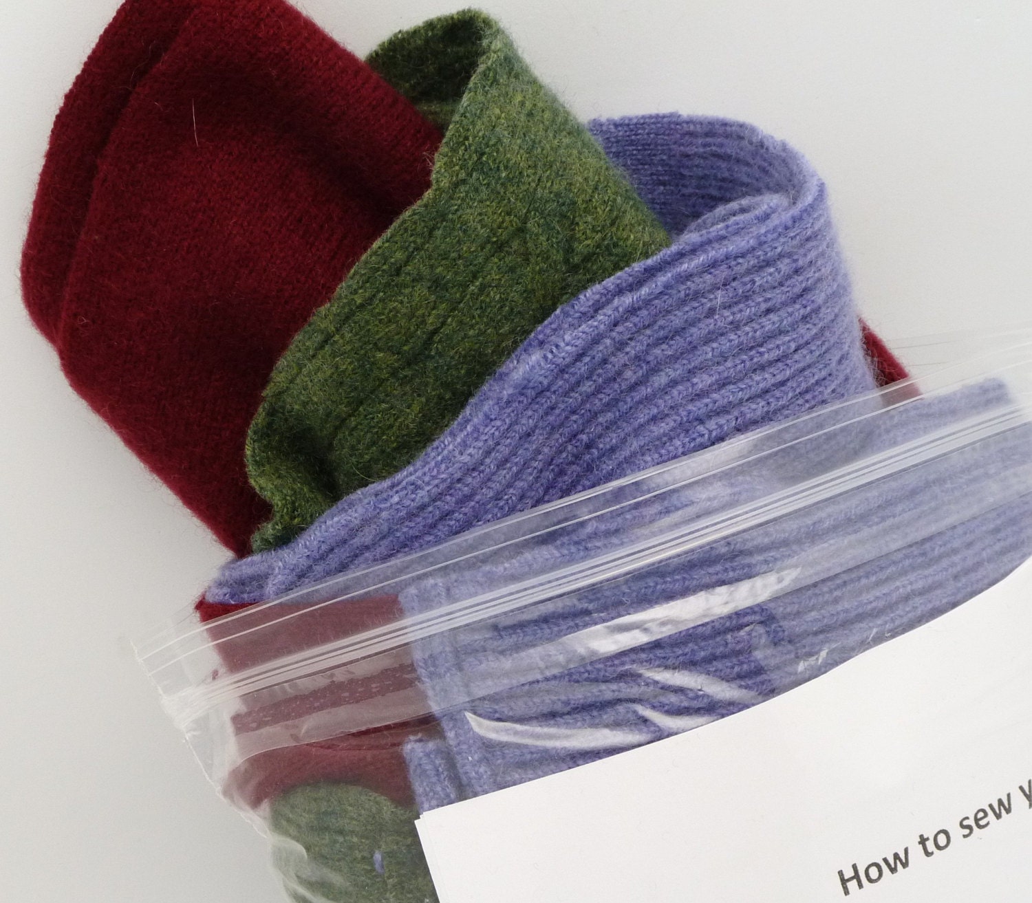 Sewing kit Cashmere SCARF recycled with FREE gift 100% fiber pieces make your own DIY blue green dark red great gift for any family unisex