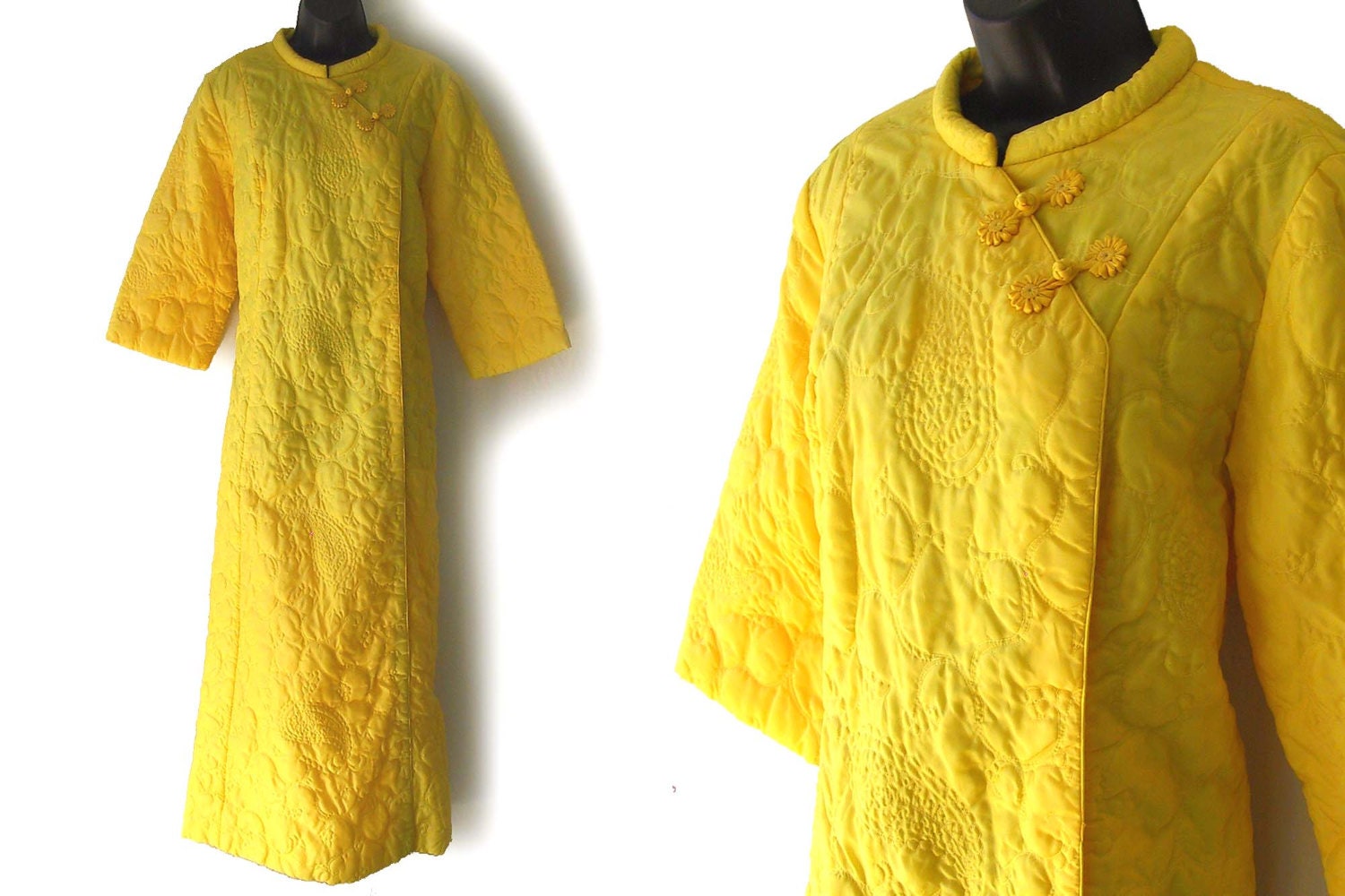 70s Yellow Qulited Asian Inspired Lounge Maxi Dress Robe L XL