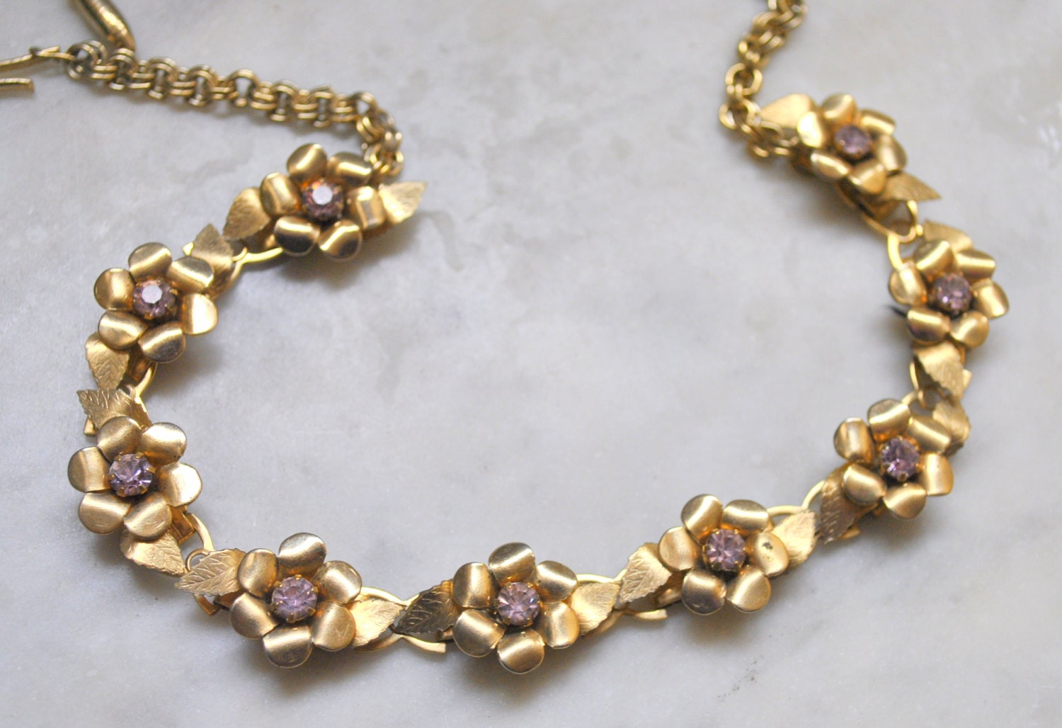 Gold Floral Necklace with Pink Rhinestones
