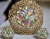 Sarah Coventry Mid-Century Gold and AB Rhinestone Brooch and Earring Demi Parure