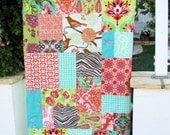 37x61 Aqua and Coral Random Patchwork and Minky Blanket Ready to Ship
