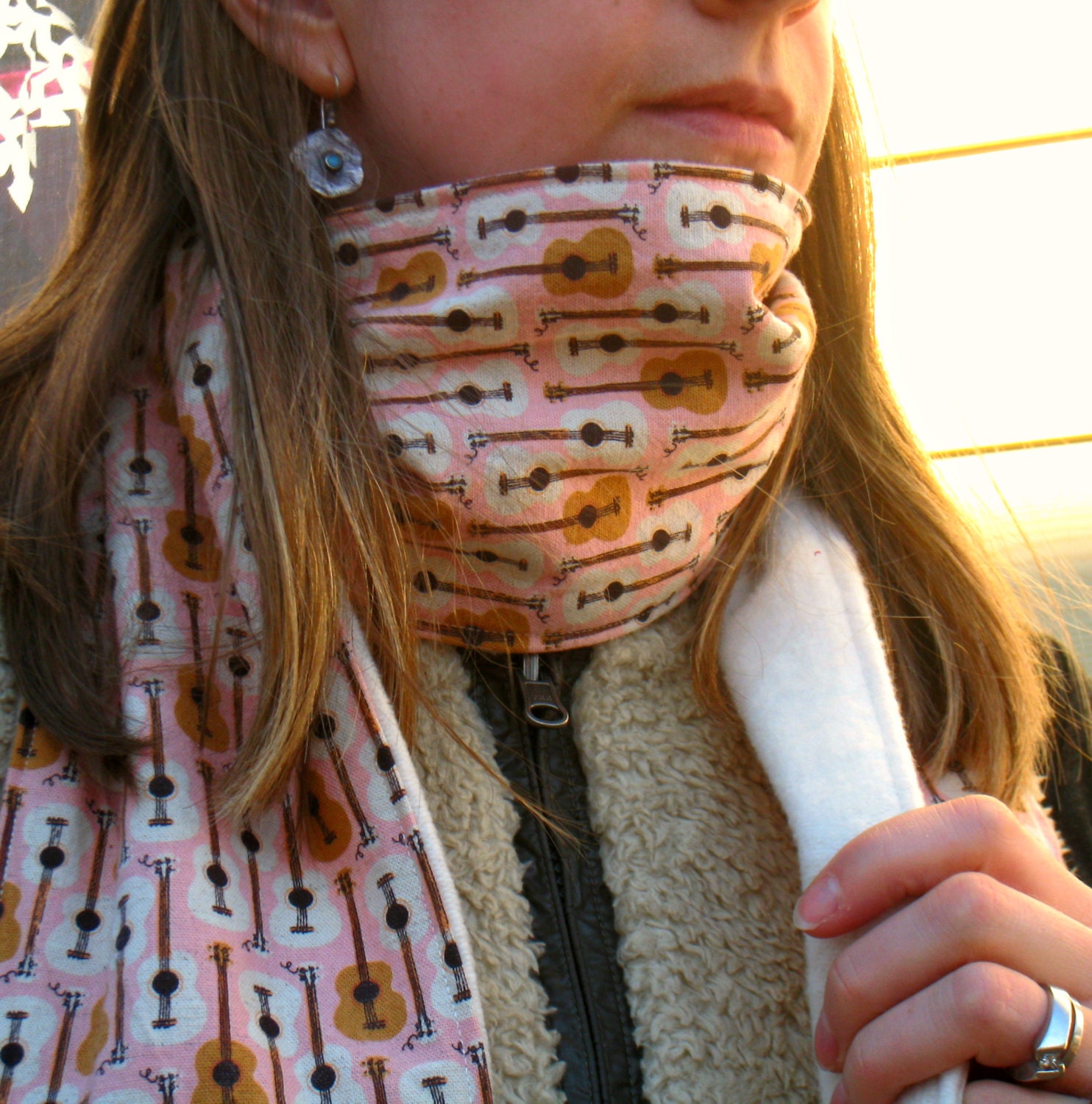 Cotton Linen Scarf with Organic Cotton Fleece  - Guitars by Heather Ross -Ready to Ship