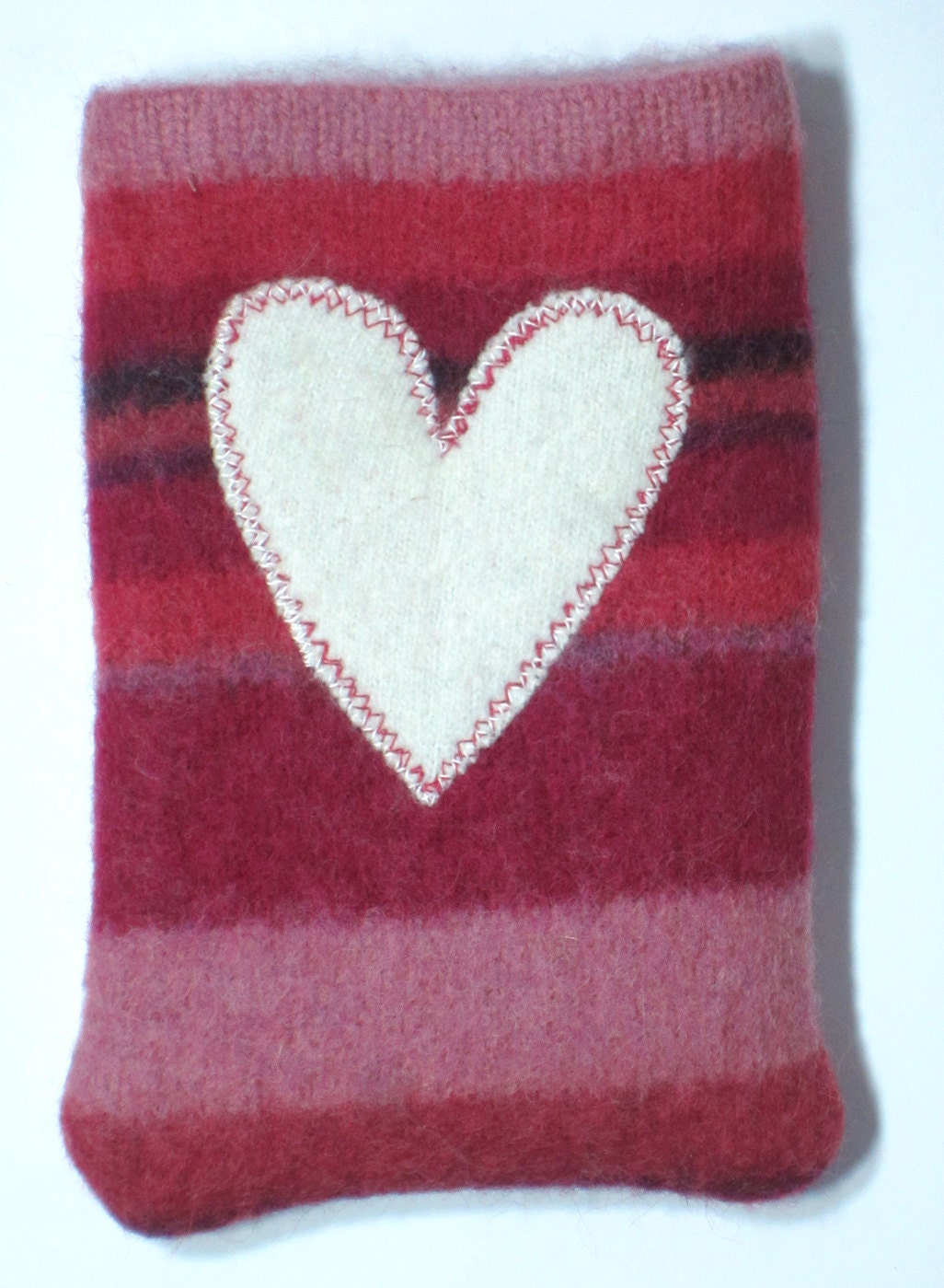 soft red pink stripe iphone cozy, iphone cosy, felted wool sleeve, ivory heart - eco-friendly recycled sweater
