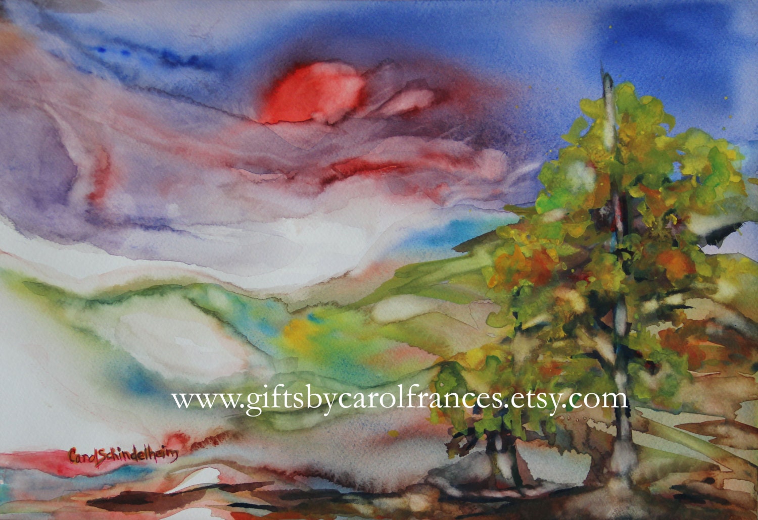 Rolling Hills Original Abstract Watercolor Painting - Spring morning - 12 x 17 1/4.  Free Shipping