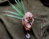 Bobcat skull totem necklace or wall hanging with braided and beaded cord, grass decor, and antler ring