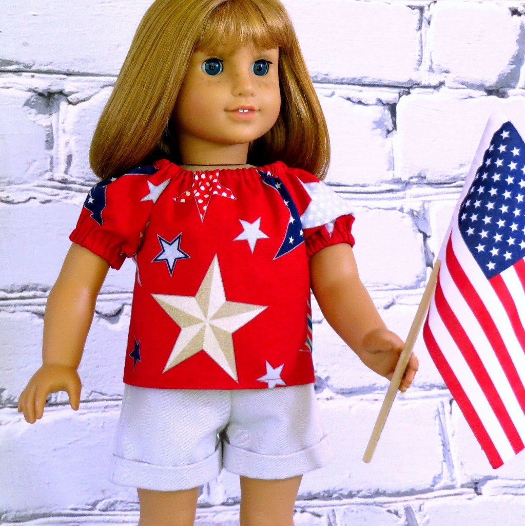Patriotic Stars - American Girl Doll Clothes Peasant Top in red, blue, khaki