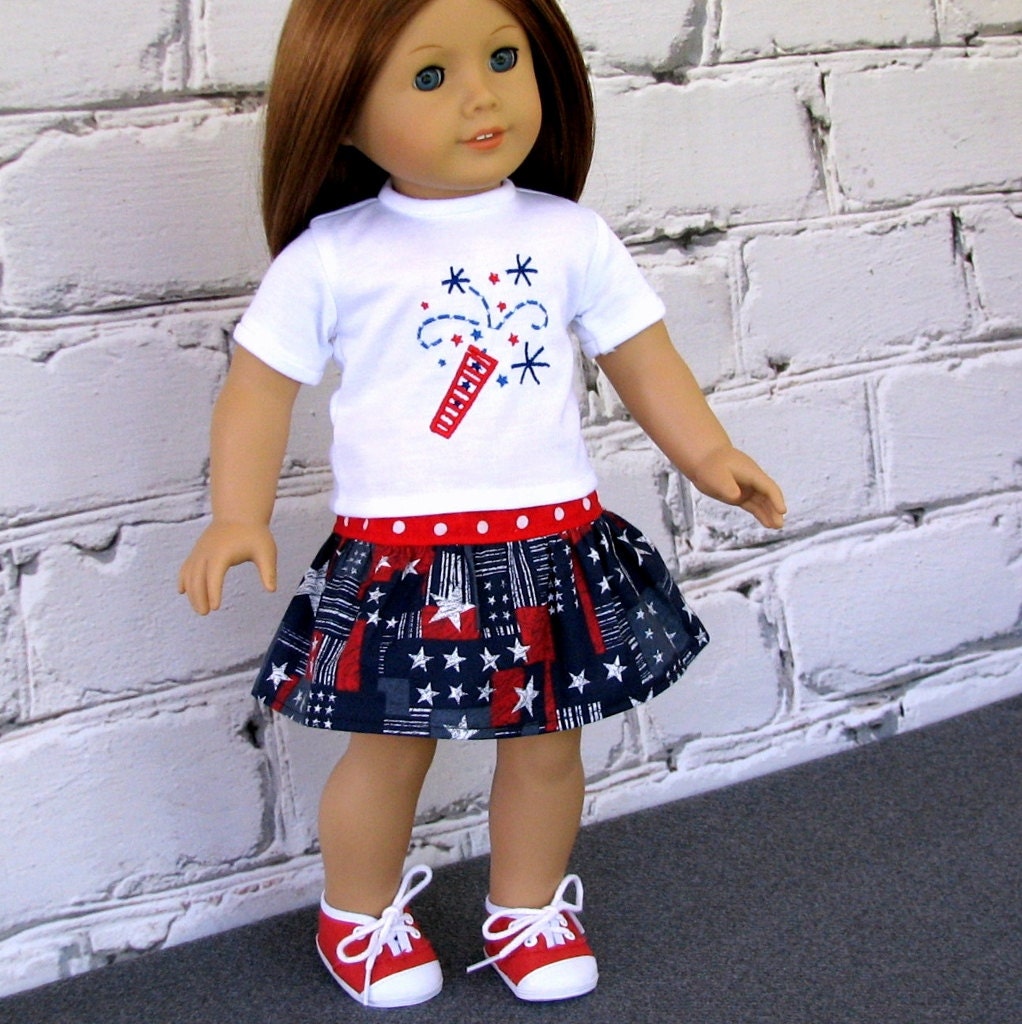 4th of July Fireworks Tee Shirt Twirl Skirt - American Girl Doll Clothes