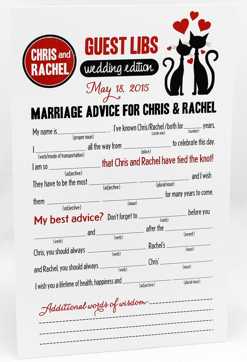 Wedding Mad Libs PDF FILE Print Yourself Black Cats Customizable Digital File Word Bank Included