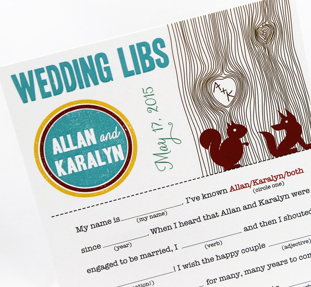 Wedding Mad Libs PDF FILE Print Yourself Cute Fox and Squirrel Colors are Customizable Digital File