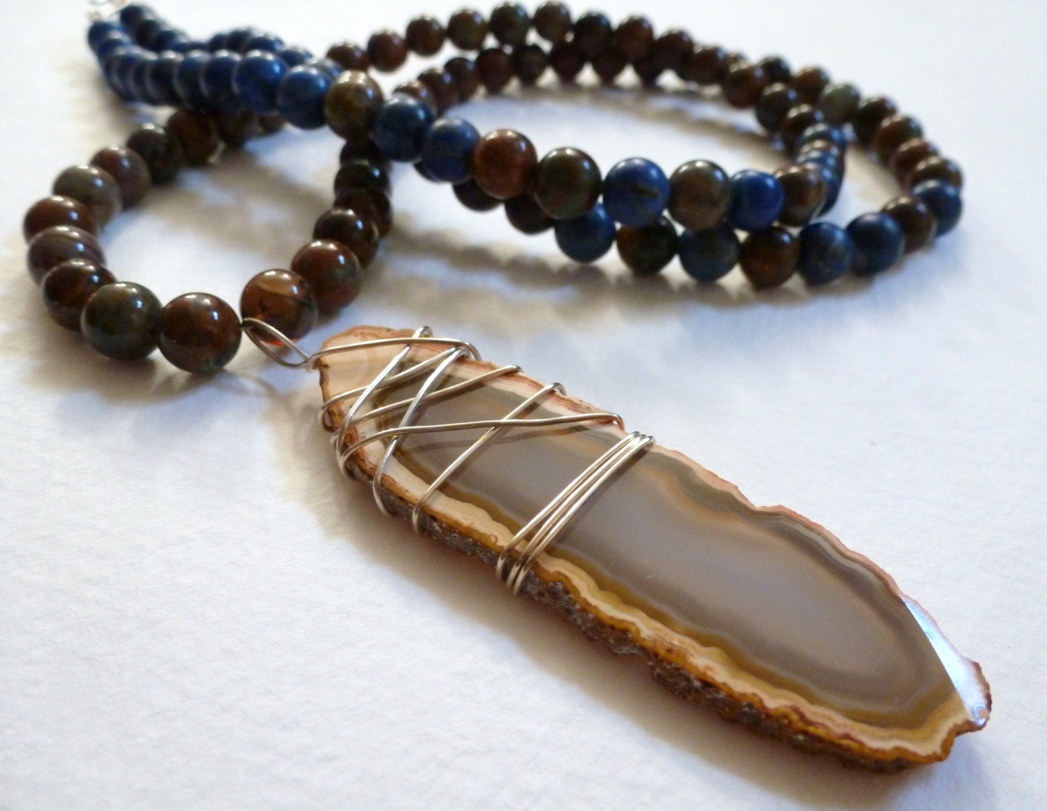 waterfall  -  lapis lazuli, green opal, and wire-wrapped agate