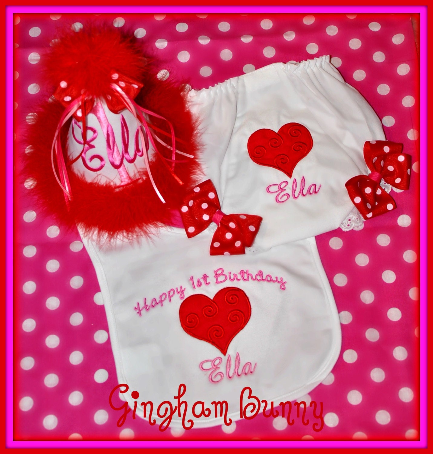 3 Pc. VALENTINE Birthday  Set,  Birthday Hat, Bib, and Ribbon Bloomers, Valentine Birthday hat, Cake Smash Set,  You Choose Colors