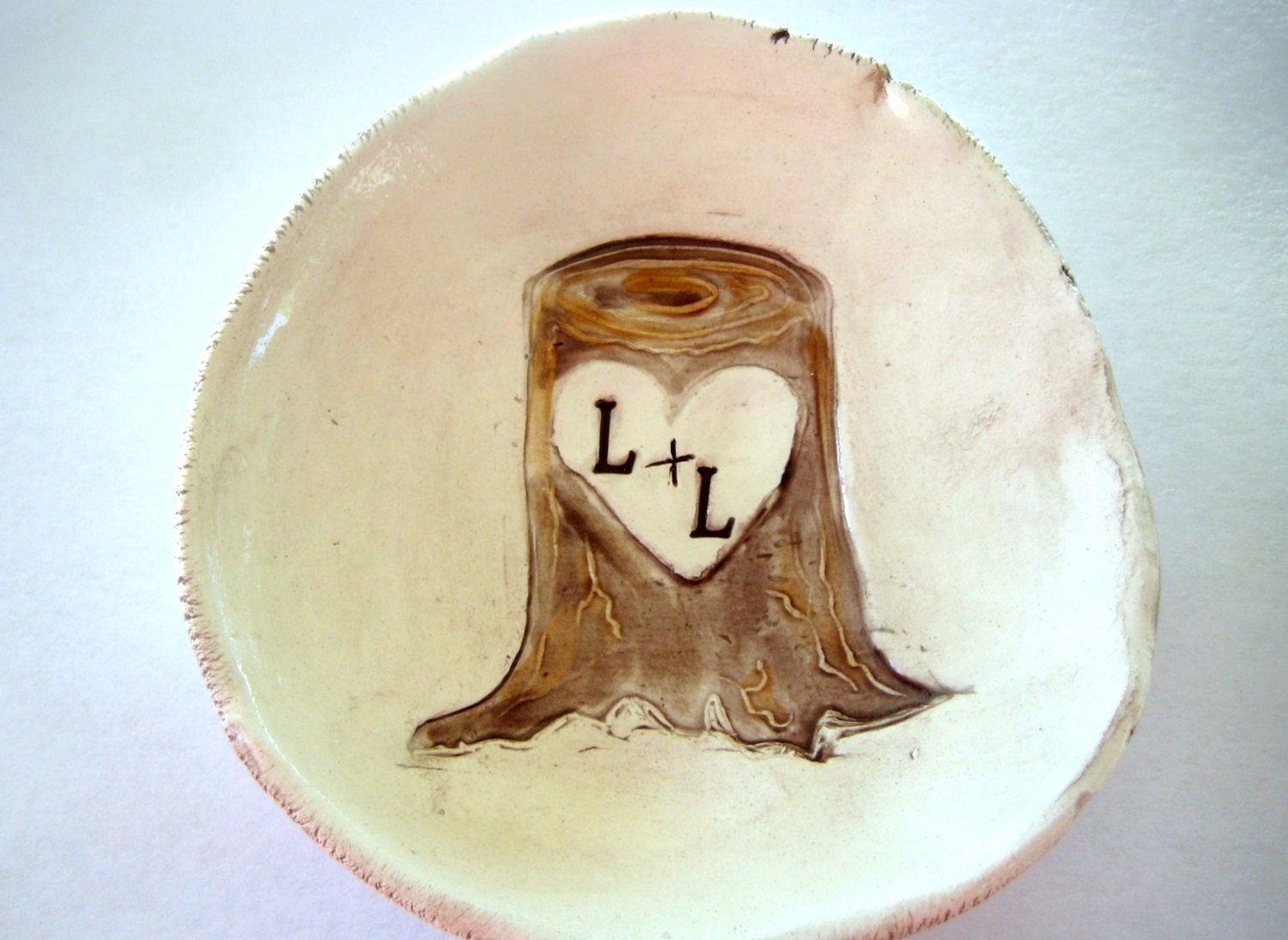 Tree Stump with Initials and Heart Carved into Tree Dish