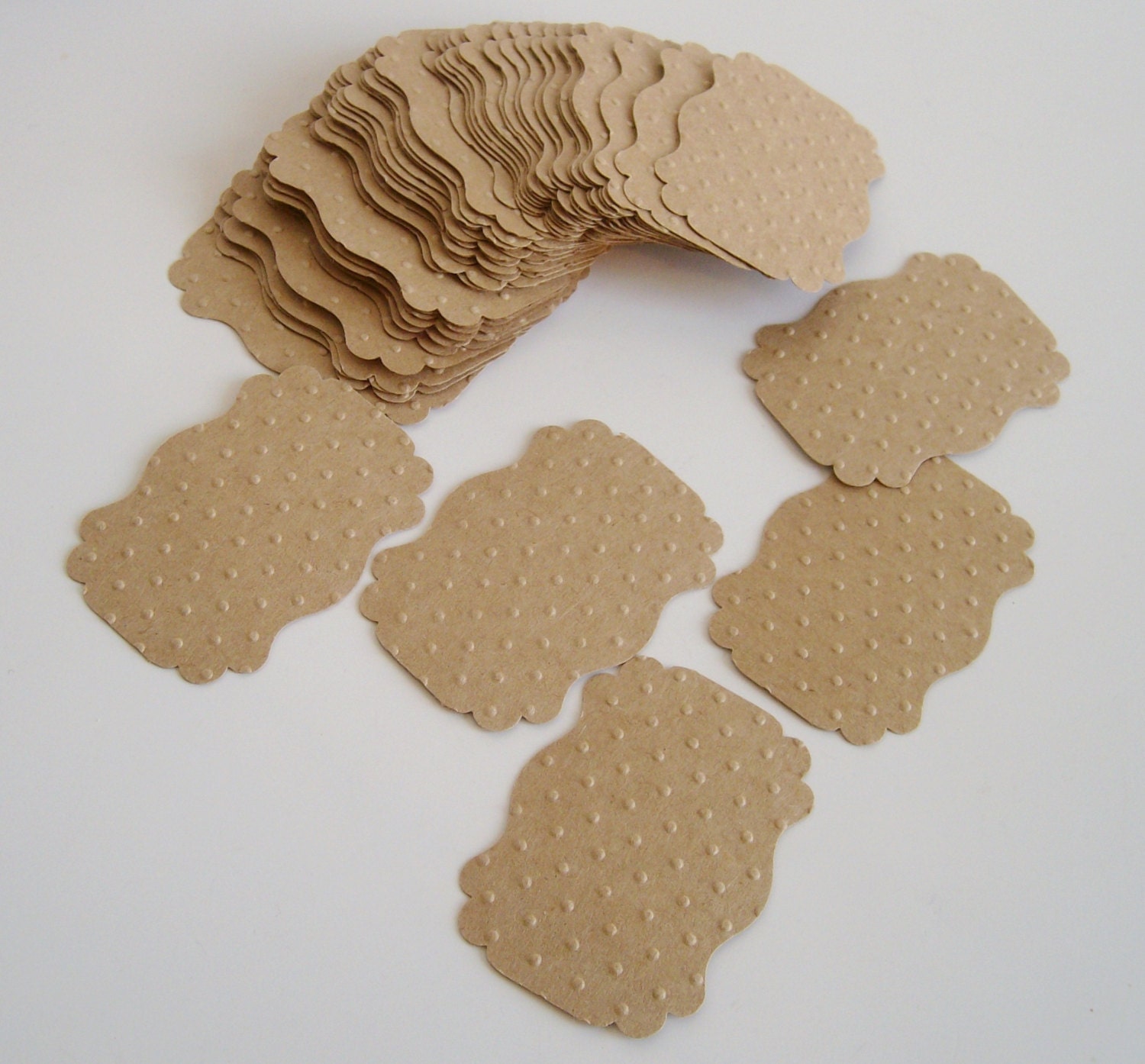 50 Blank kraft fancy label embossed with polka dot, place card, scrapbook embellishment, tag, blank kraft tag, real estate sign die cut