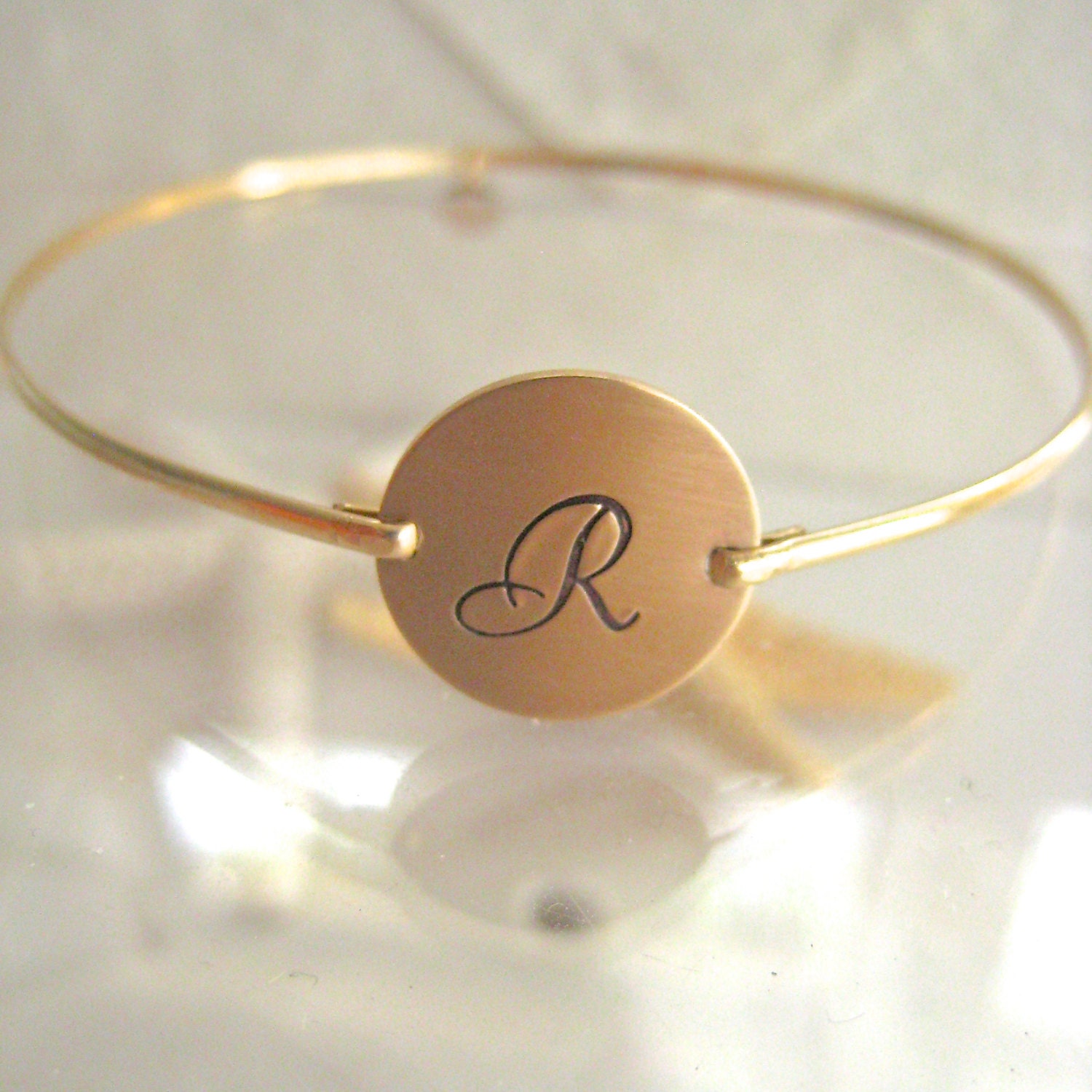 Gold Initial Bangle - Personalized Hand Stamped Script Initial Bracelet