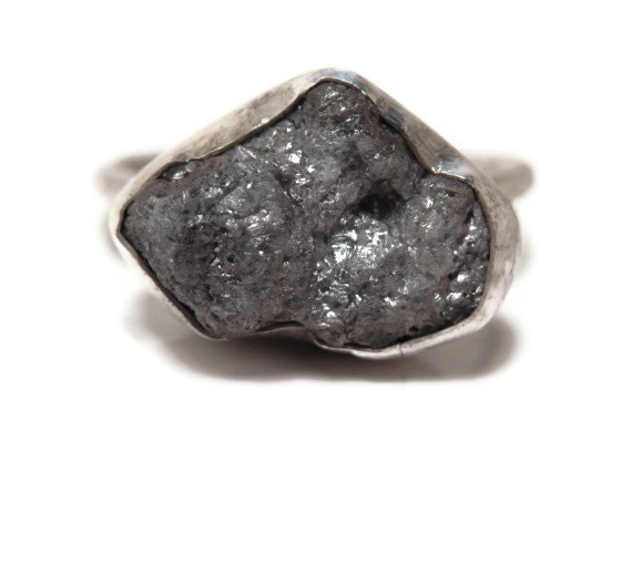 Sterling silver and shiny graphite grey conflict free rough diamond ring