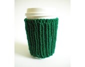 Hand Knit Green Cup Cozy - Irish Kelly Green To Go Cup - Ribbed Reversible - St. Patricks Day