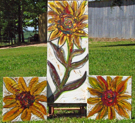 Flowers 3, Three ORIGINAL Mixed Media Paintings