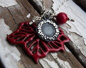 Leaf  pendant, sterling silver, Copper and red enamel, autumn necklace, bouquet, black patina